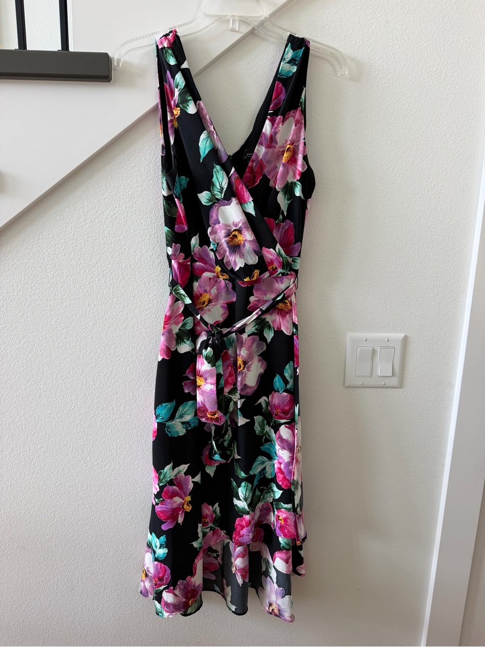 connected apparel Black Floral Wrap Midi Dress with Pink Blooms
